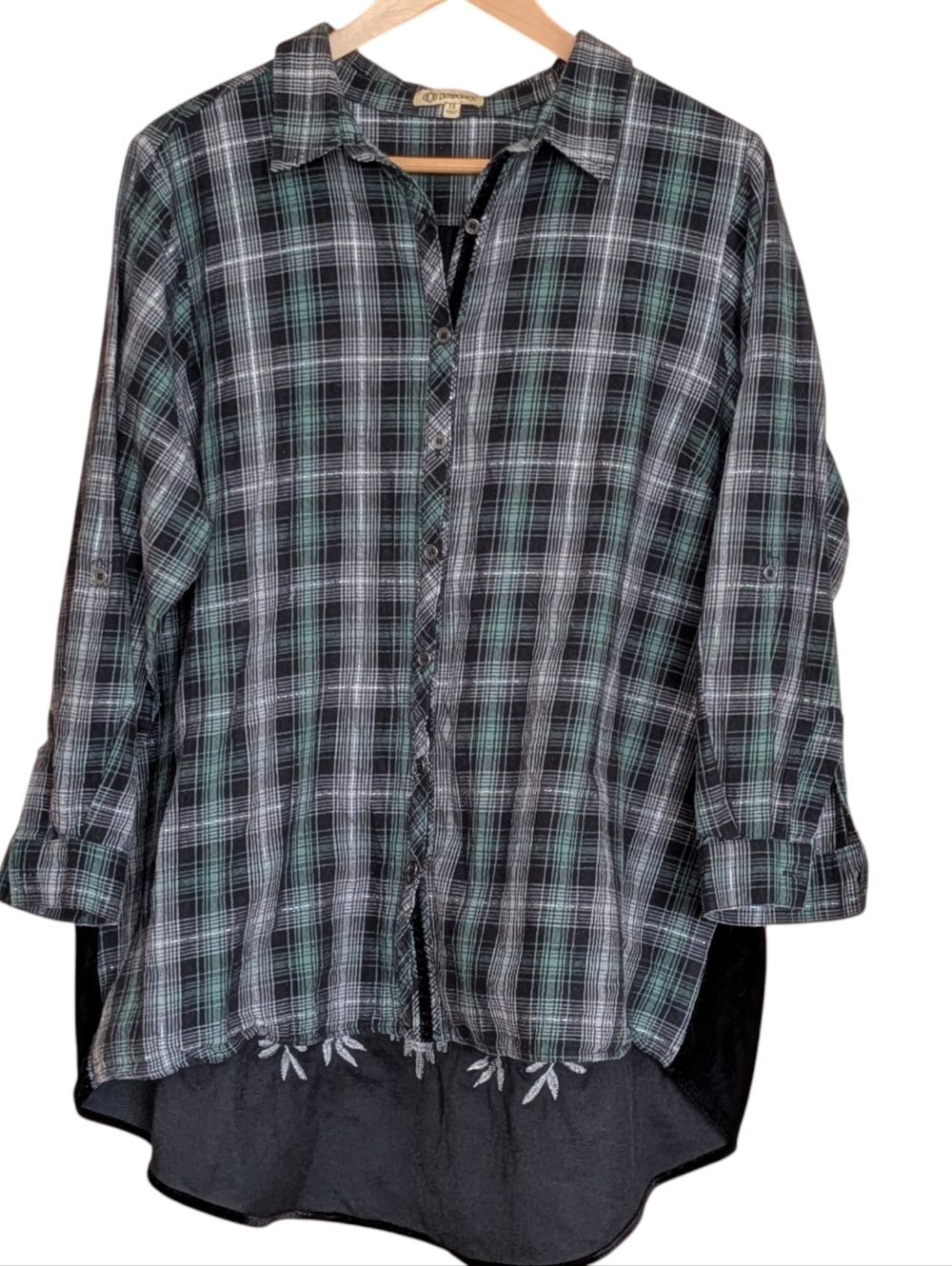 Democracy Black and Teal Plaid Shirt 1X Embroidered Velvet Casual Boho